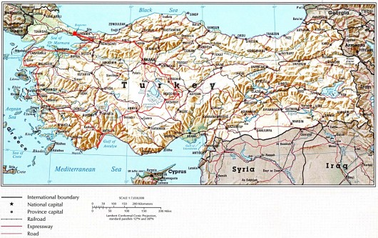 Mapa de Turquía con circuito marcado